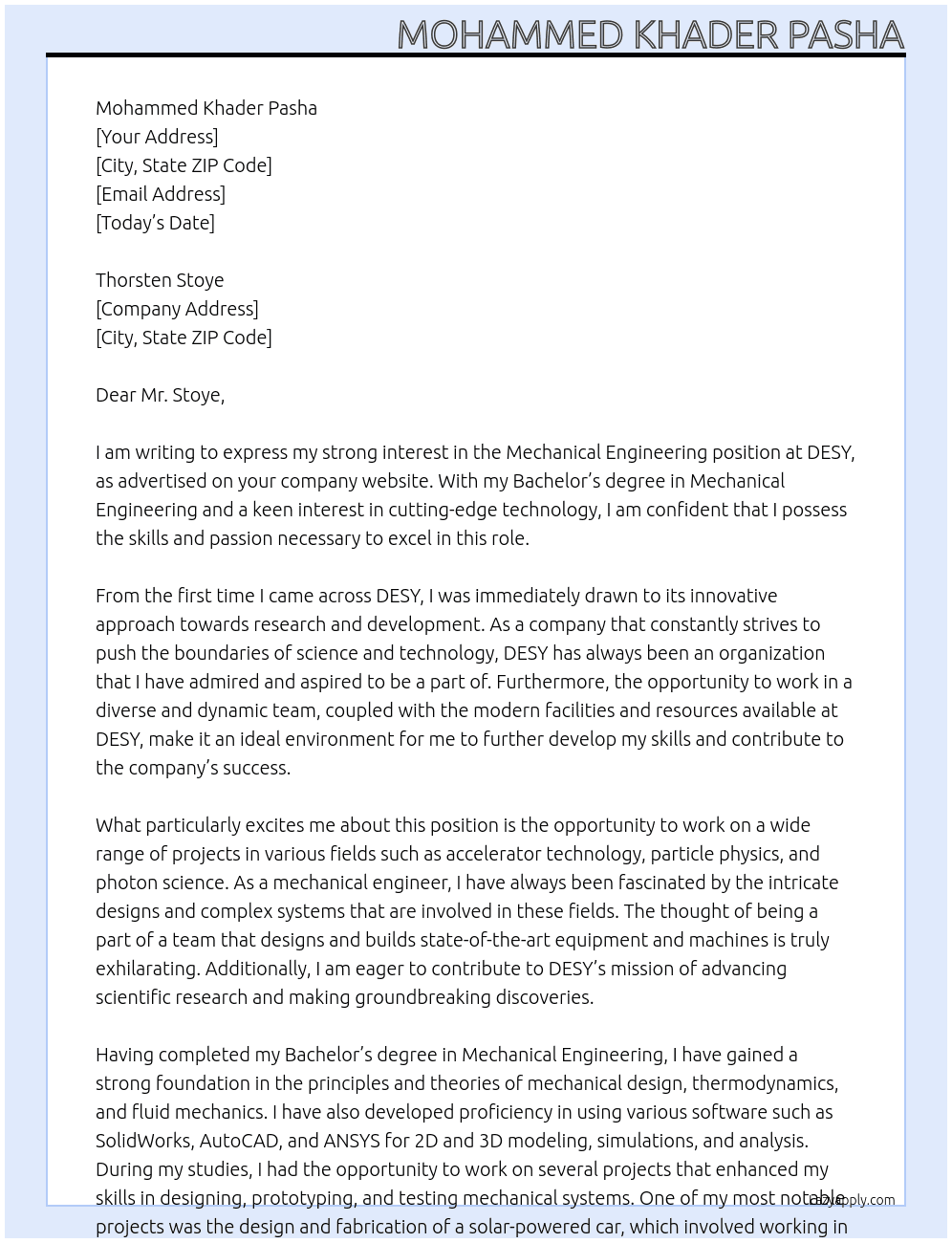  Mechanical Engineering At DESY Cover Letter