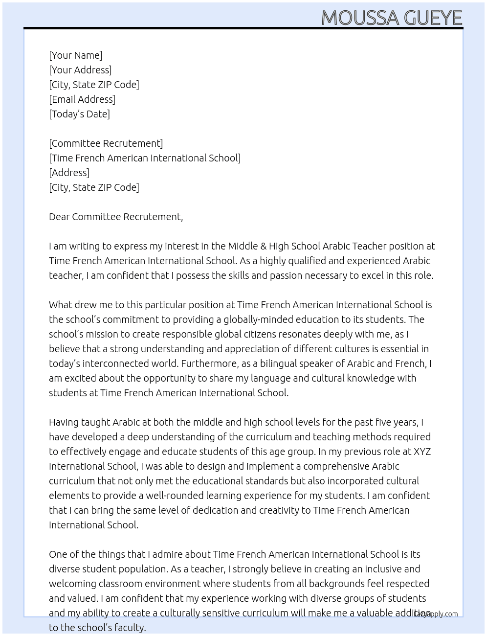 Middle & High School Arabic Teacher At Time French American International School Cover Letter