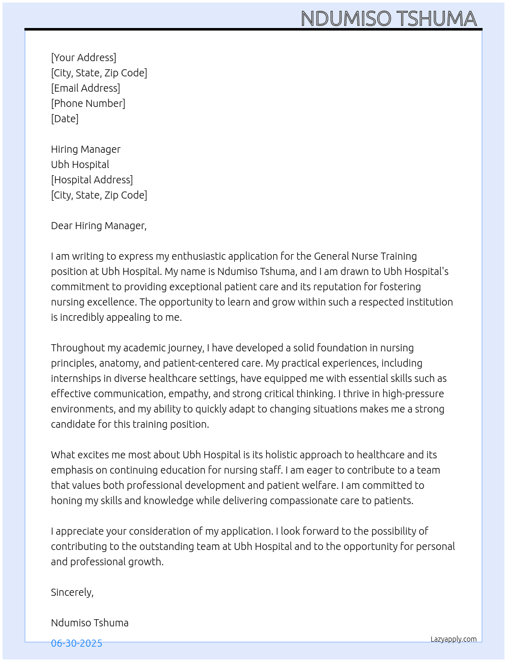 General Nurse Training application  At Ubh hospital  Cover Letter
