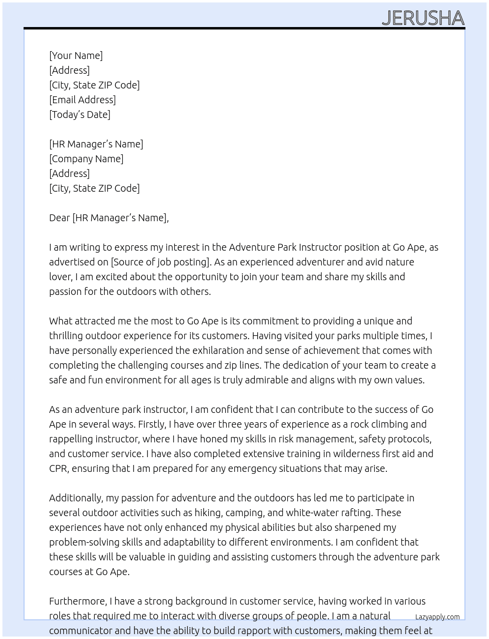 Adventure park instructor At Go Ape Cover Letter