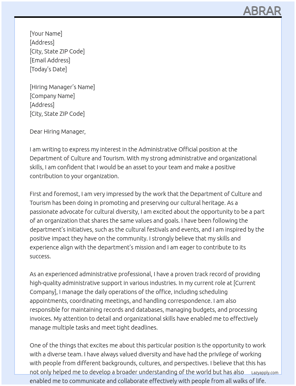 Administrative official  At Department of culture and tourism  Cover Letter