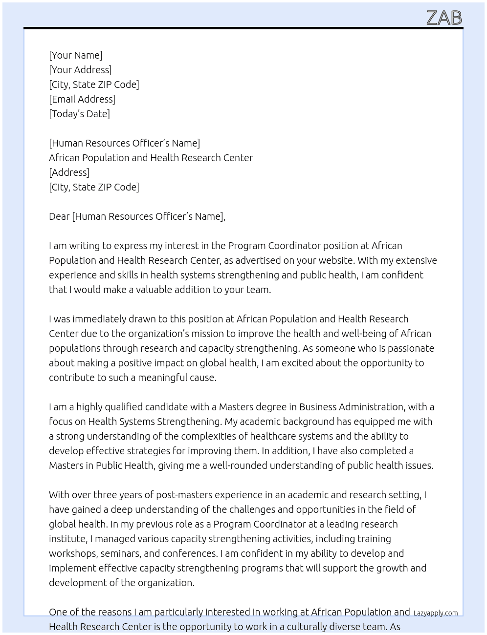 Program Coordinator At African Population and Health Research Center Cover Letter