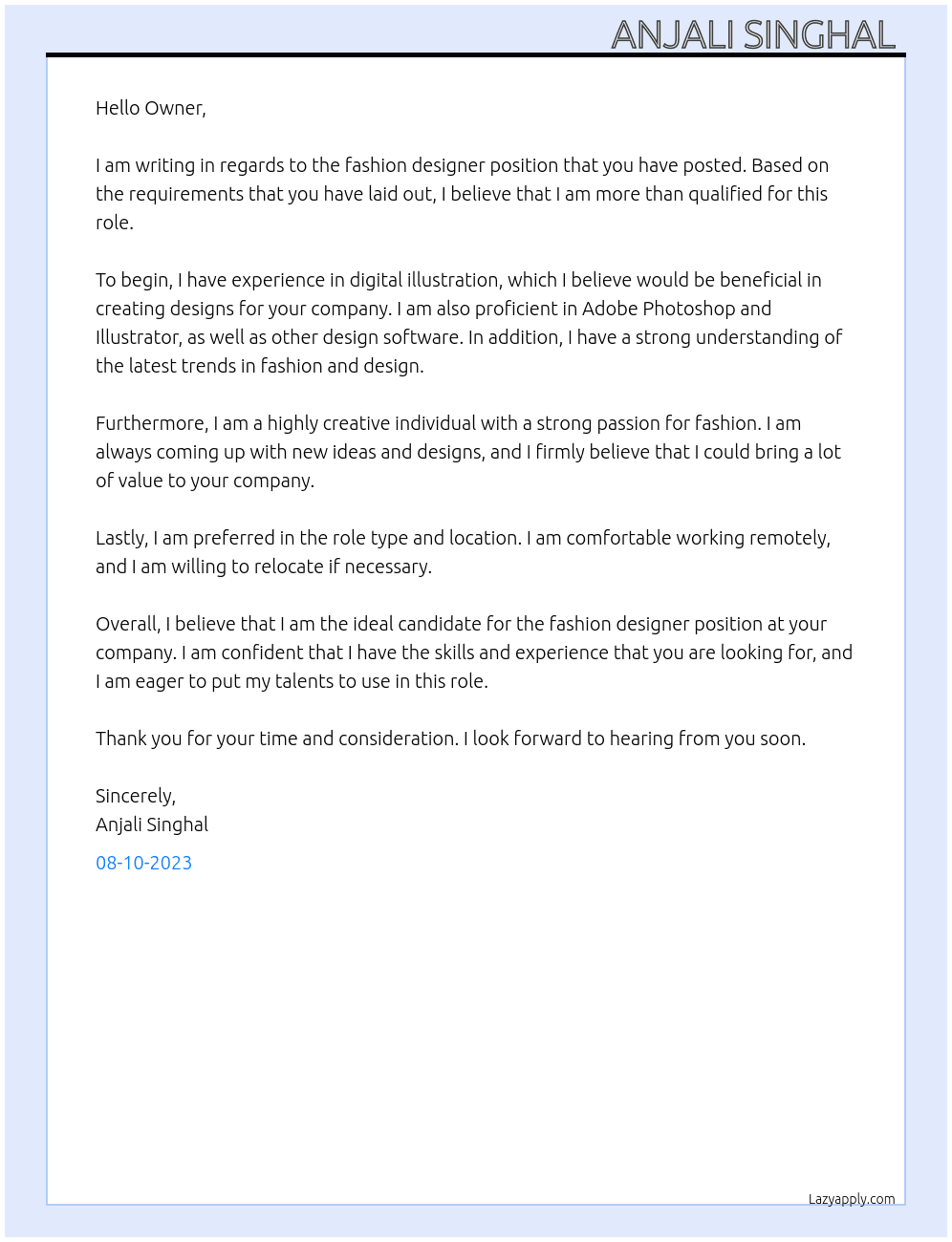 Fashion designer  At Ladies fashion designer  Cover Letter