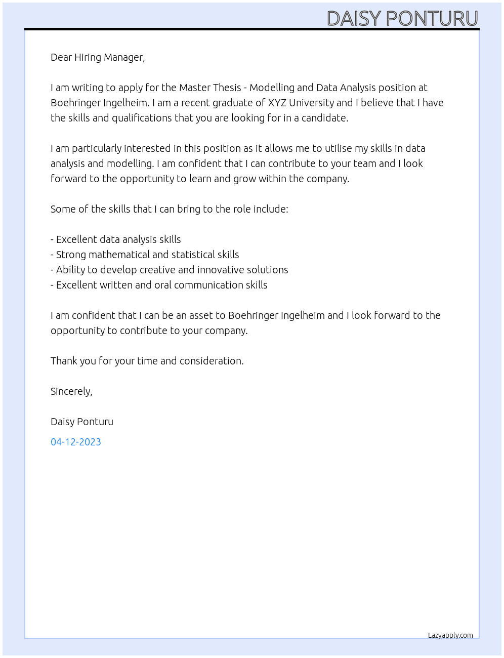 Master Thesis - Modelling and Data Analysis At Boehringer Ingelheim Cover Letter