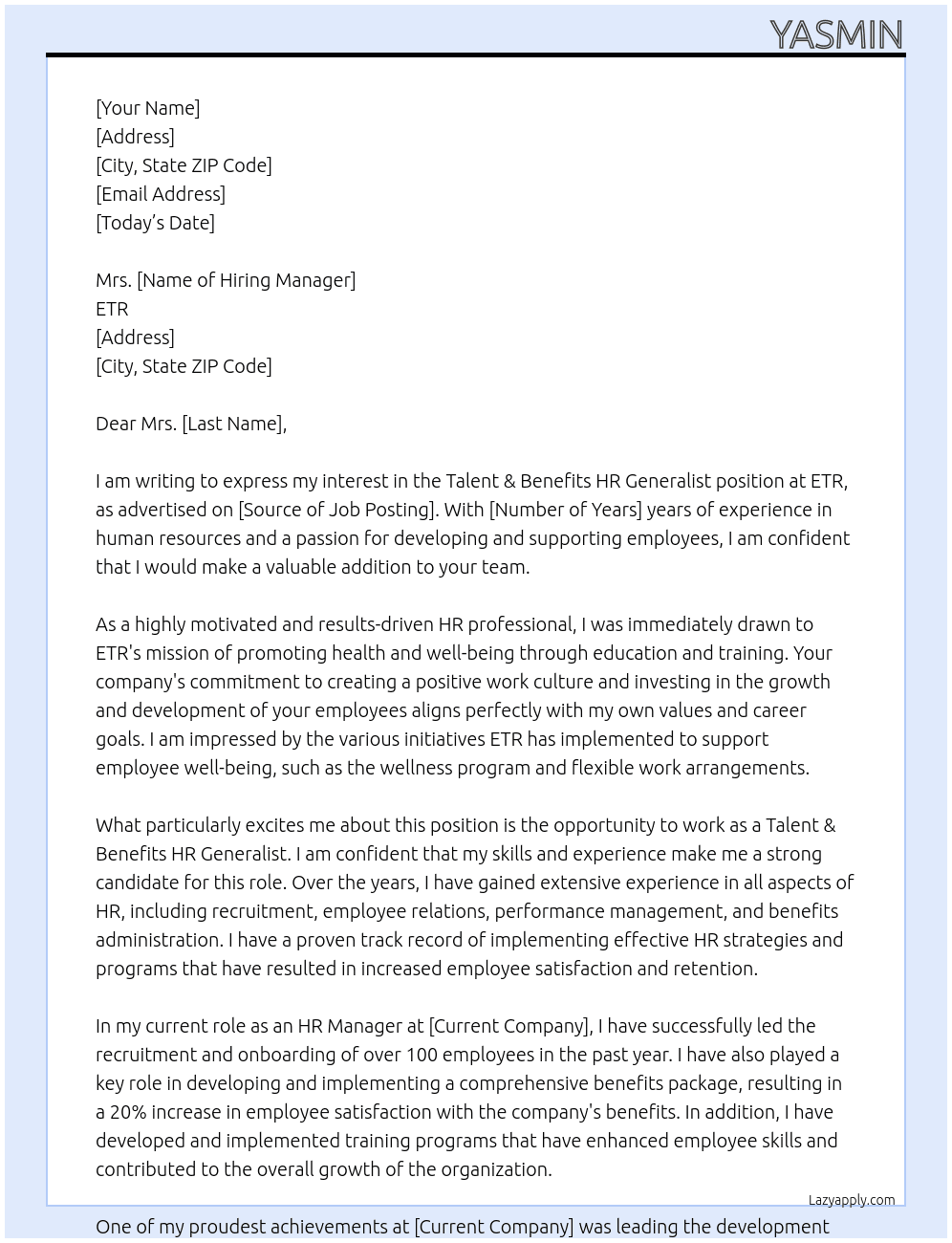 Talent & Benefits HR Generalist  At ETR Cover Letter