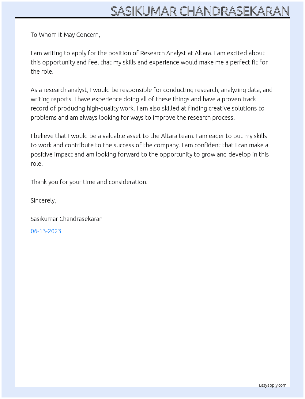 Research analyst  At Altara Cover Letter