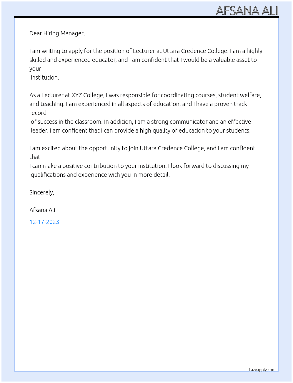 Lecturer At Uttara Credence College Cover Letter