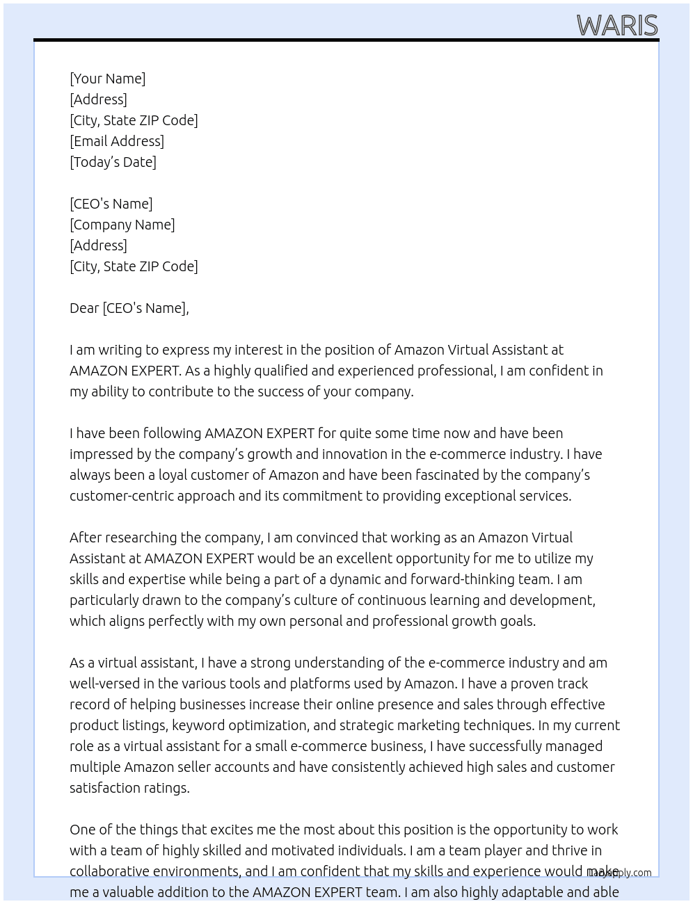 Amazon Virtual Assistant At AMAZON EXPERT Cover Letter