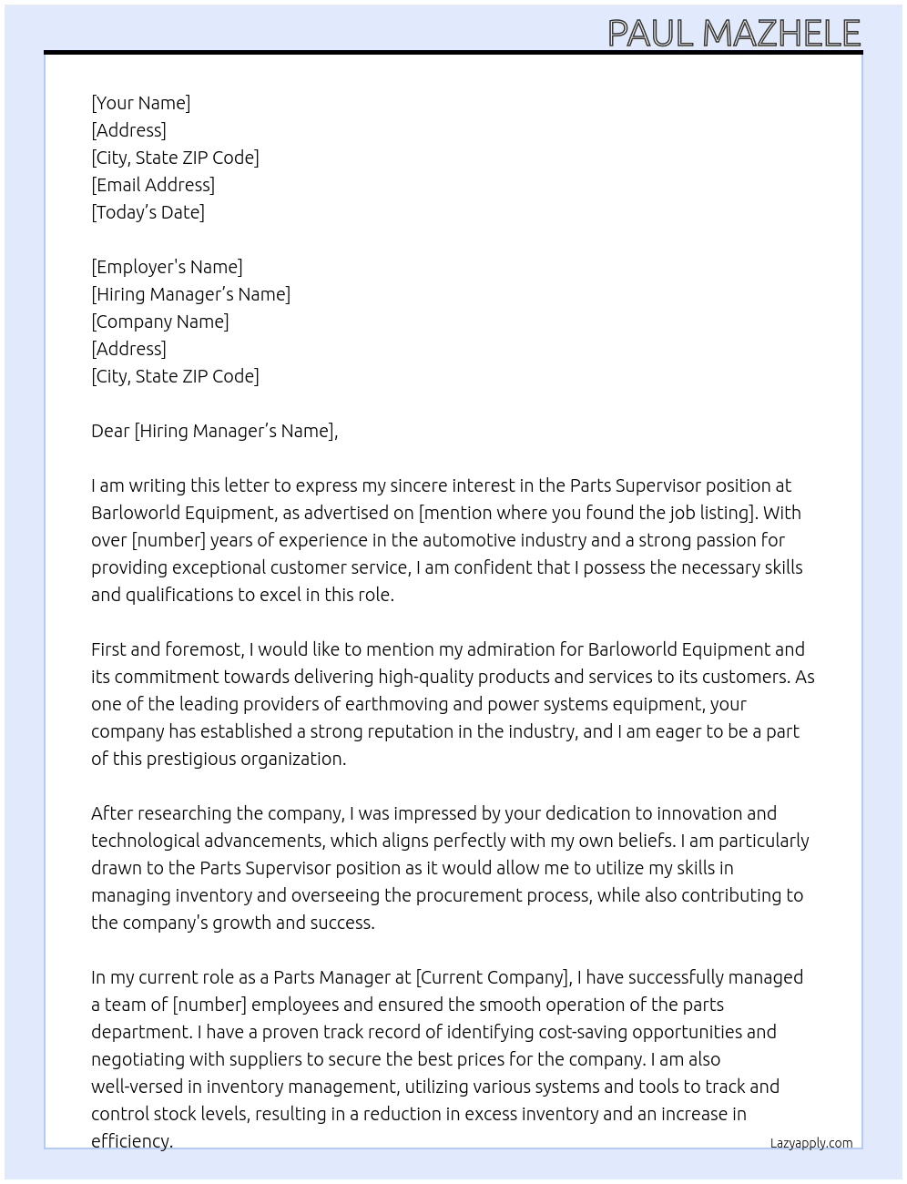 Parts Supervisor At Barloworld Equipment Cover Letter