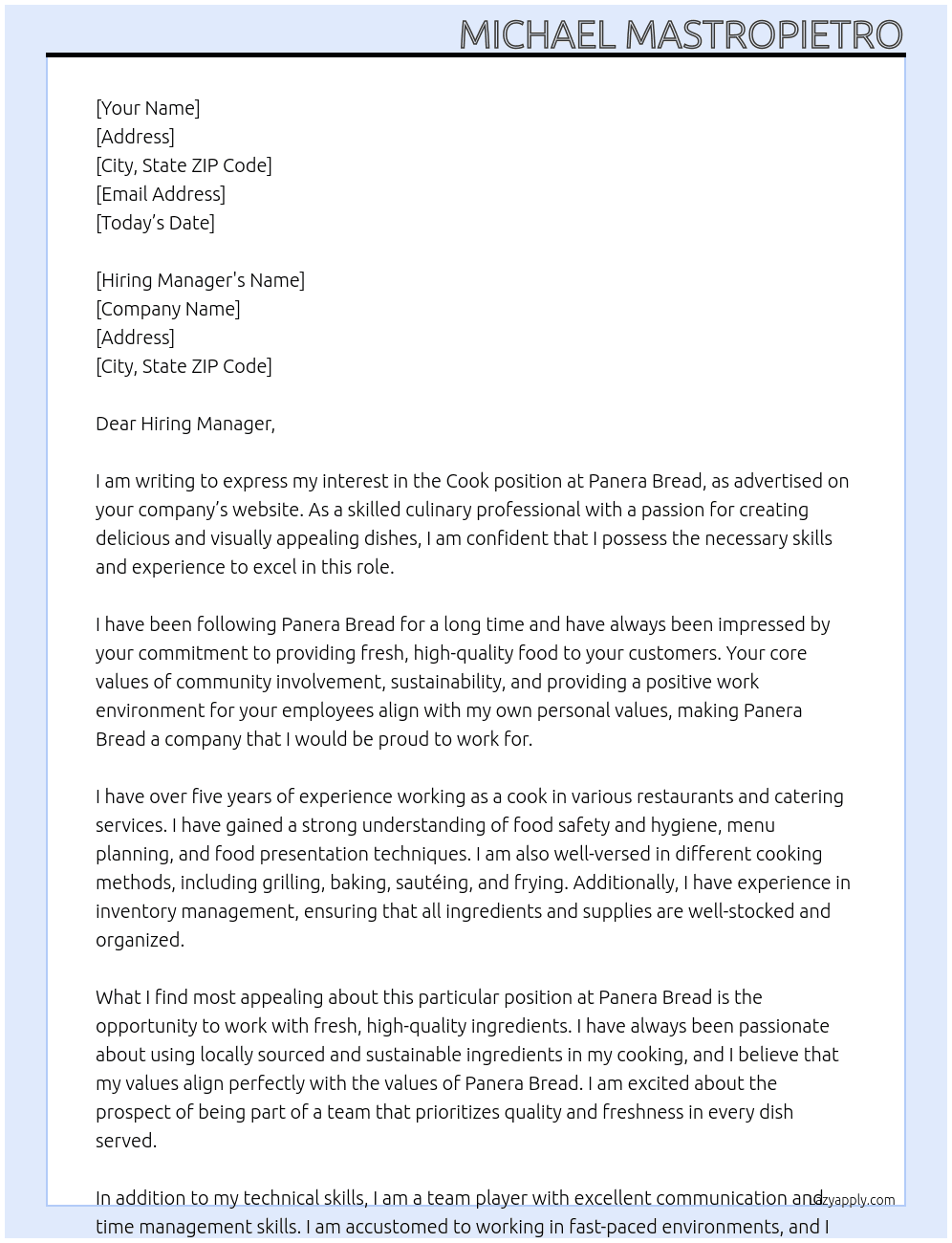 Cook At Panera Bread Cover Letter