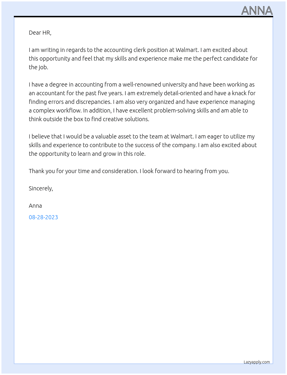 accounting clerk At walmart Cover Letter