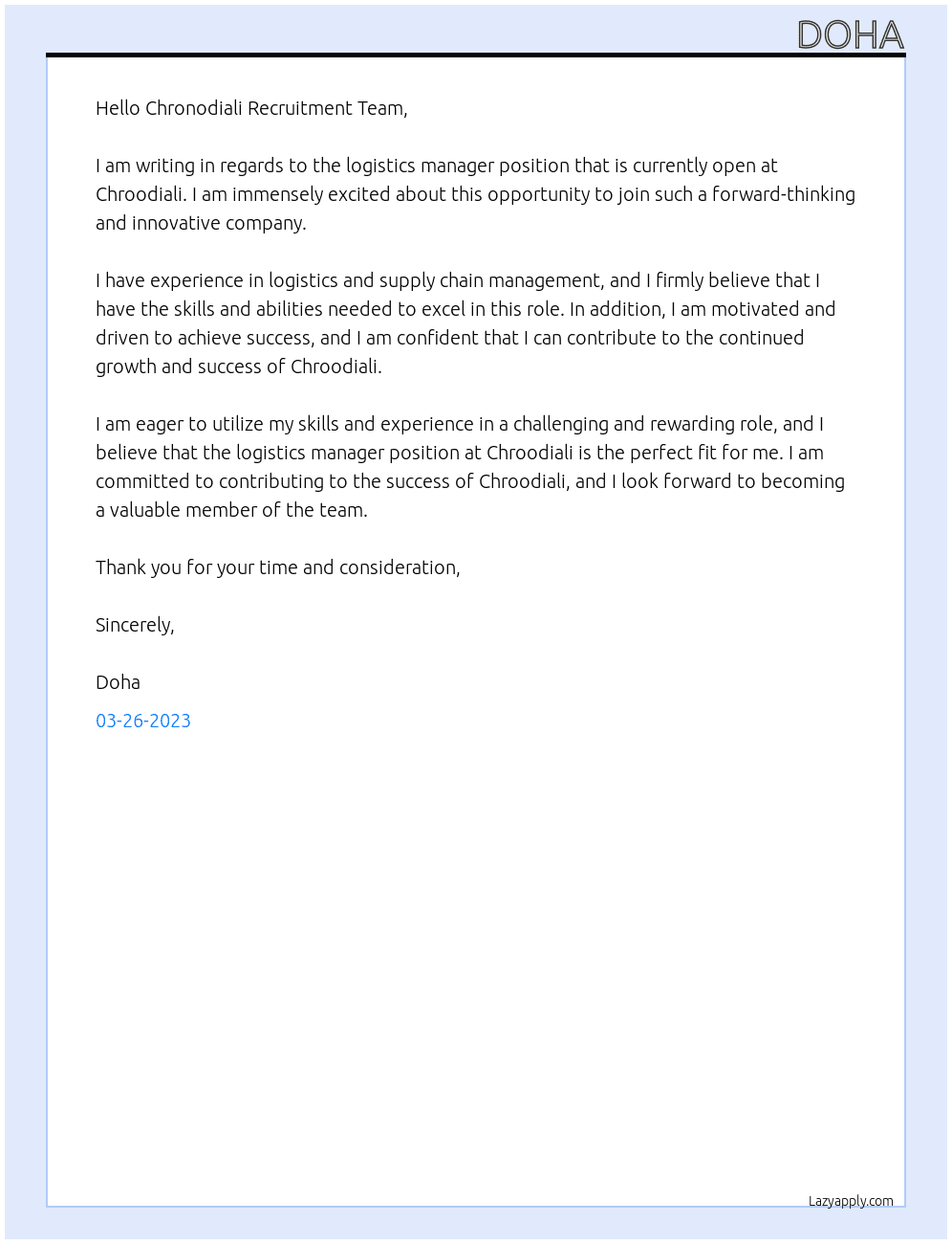 logistics manager At Chroodiali Cover Letter