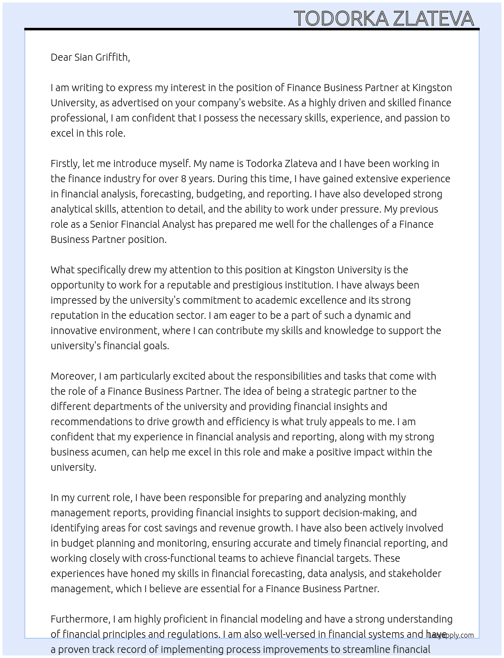 Finance Business Partner  At Kingston University Cover Letter
