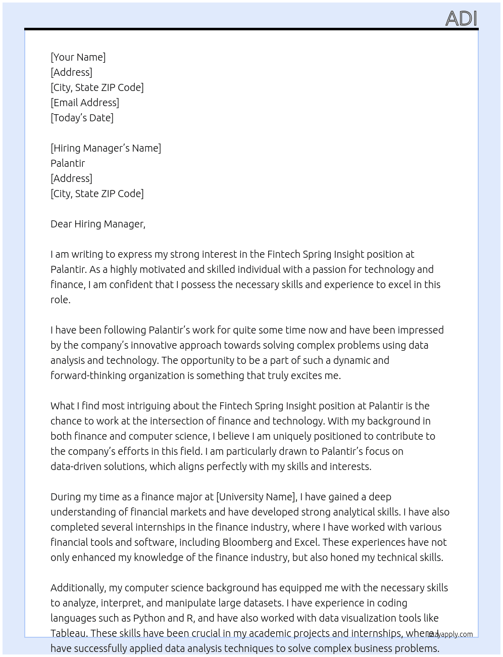 Fintech spring insight At palantir Cover Letter