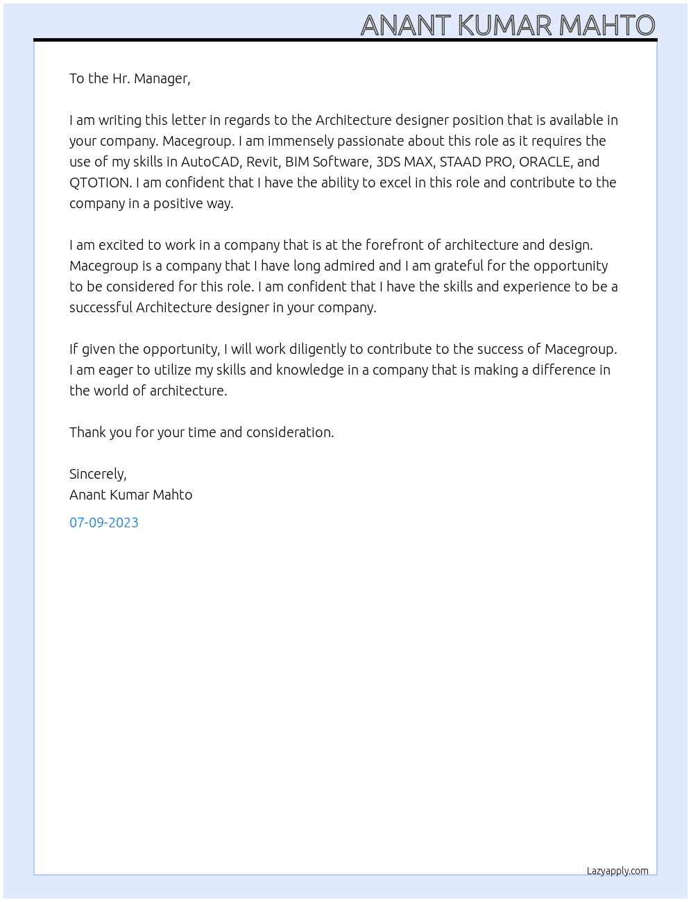 Architecture designer At Macegroup Cover Letter