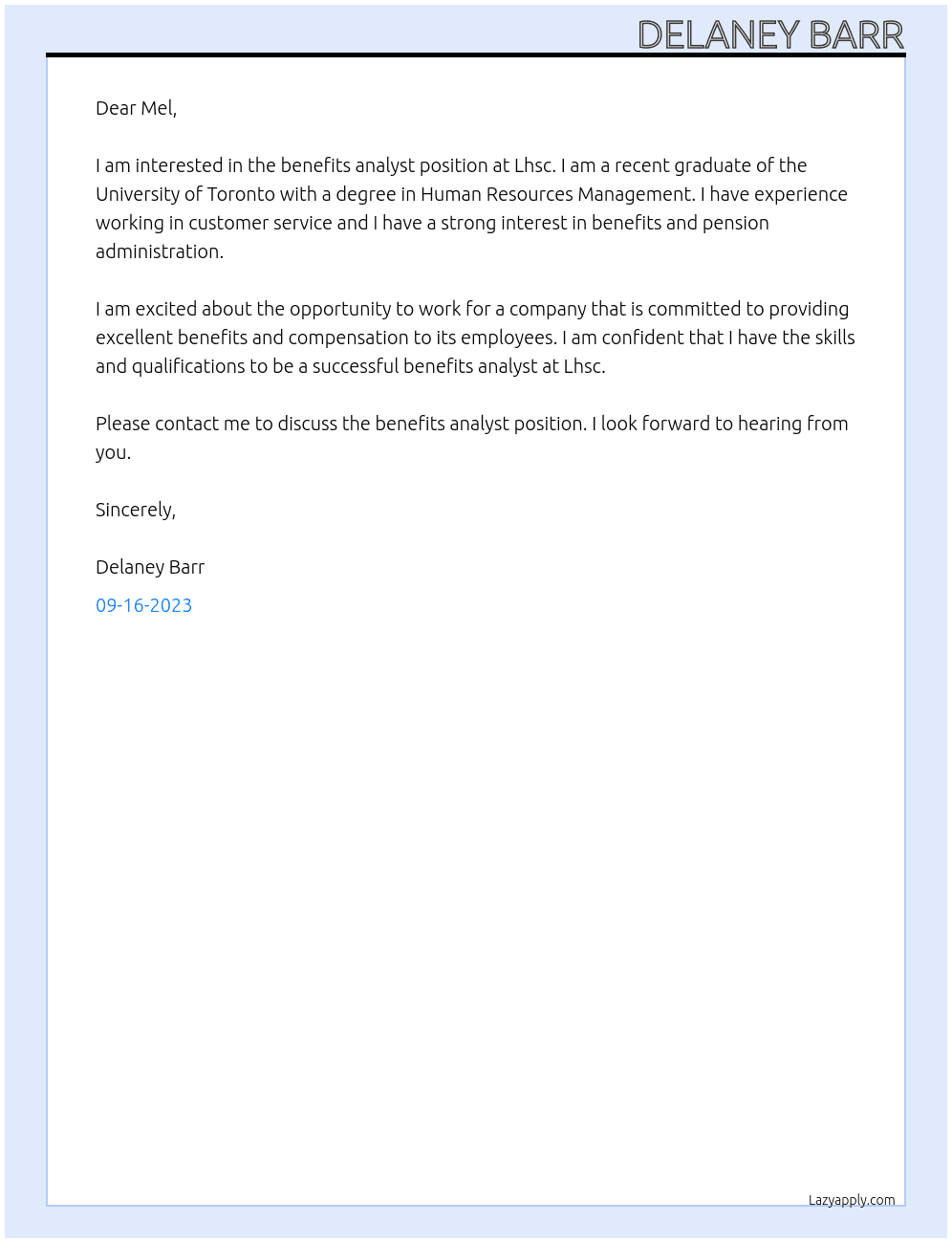 Benefits analyst At Lhsc Cover Letter