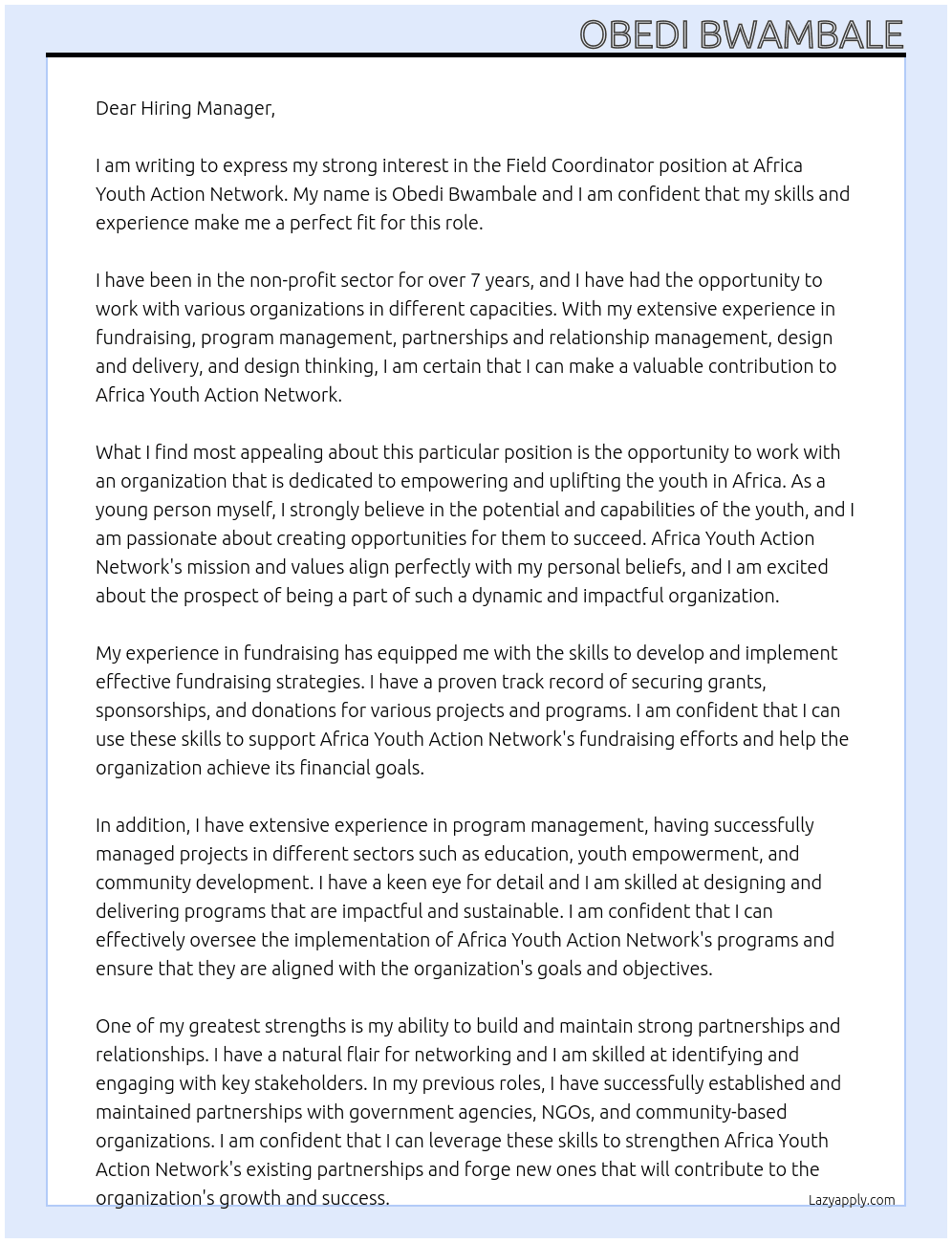 Field Coordinator At Africa Youth Action Network Cover Letter