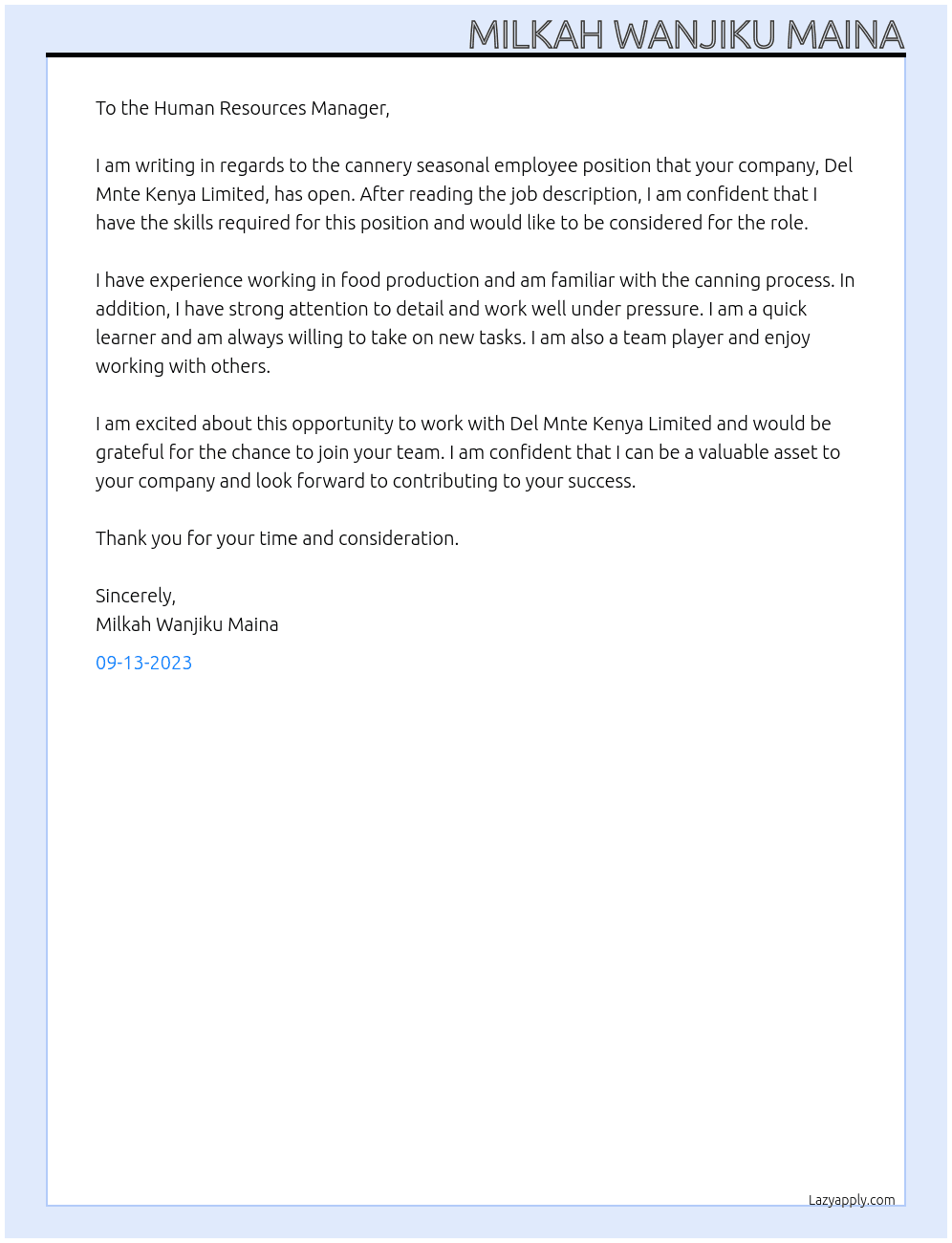 Cannery Seasonal Employee At Del Mnte Kenya Limited Cover Letter