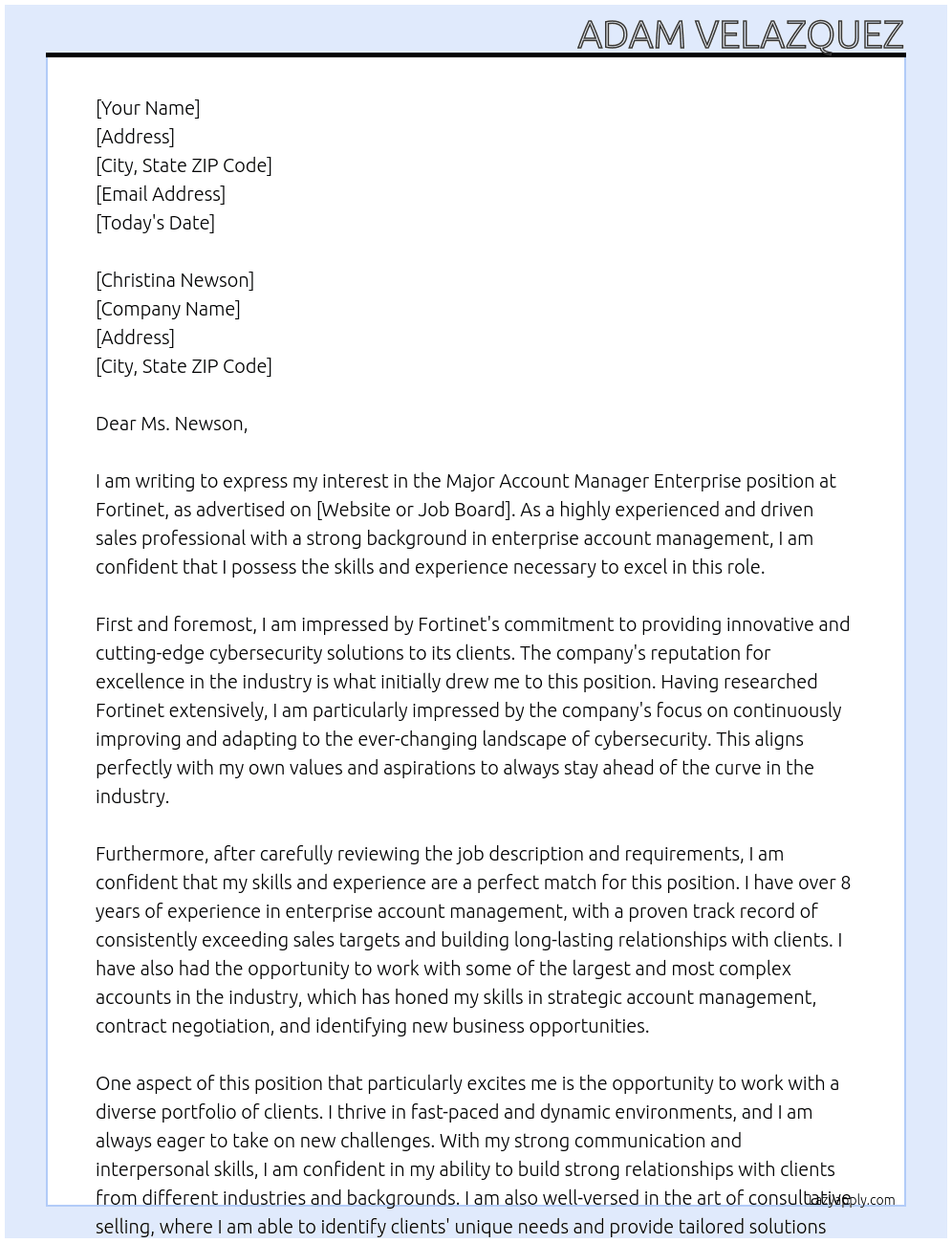 Major Account Manager Enterprise At Fortinet Cover Letter