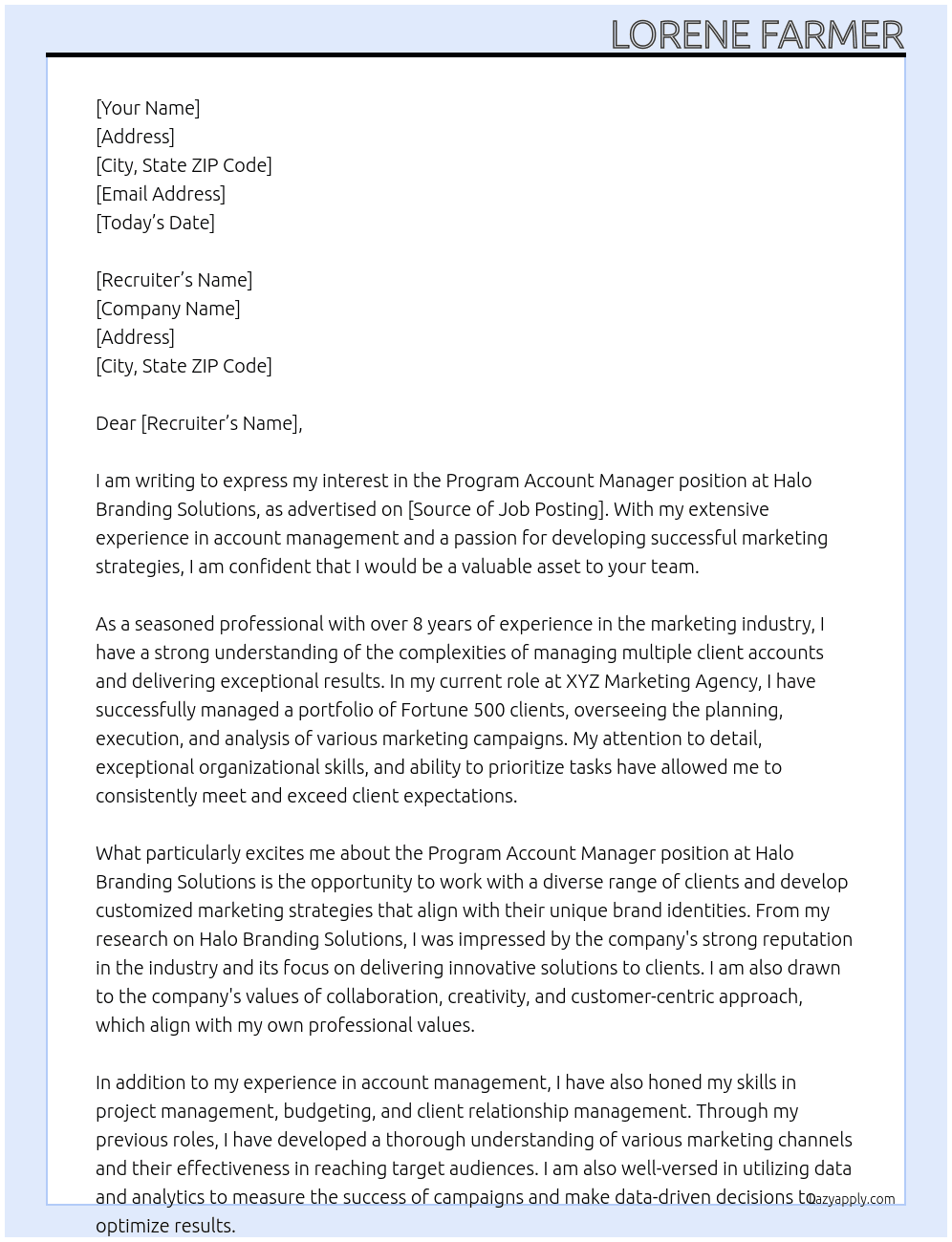 Program Account Manager At Halo Branding Solutions Cover Letter