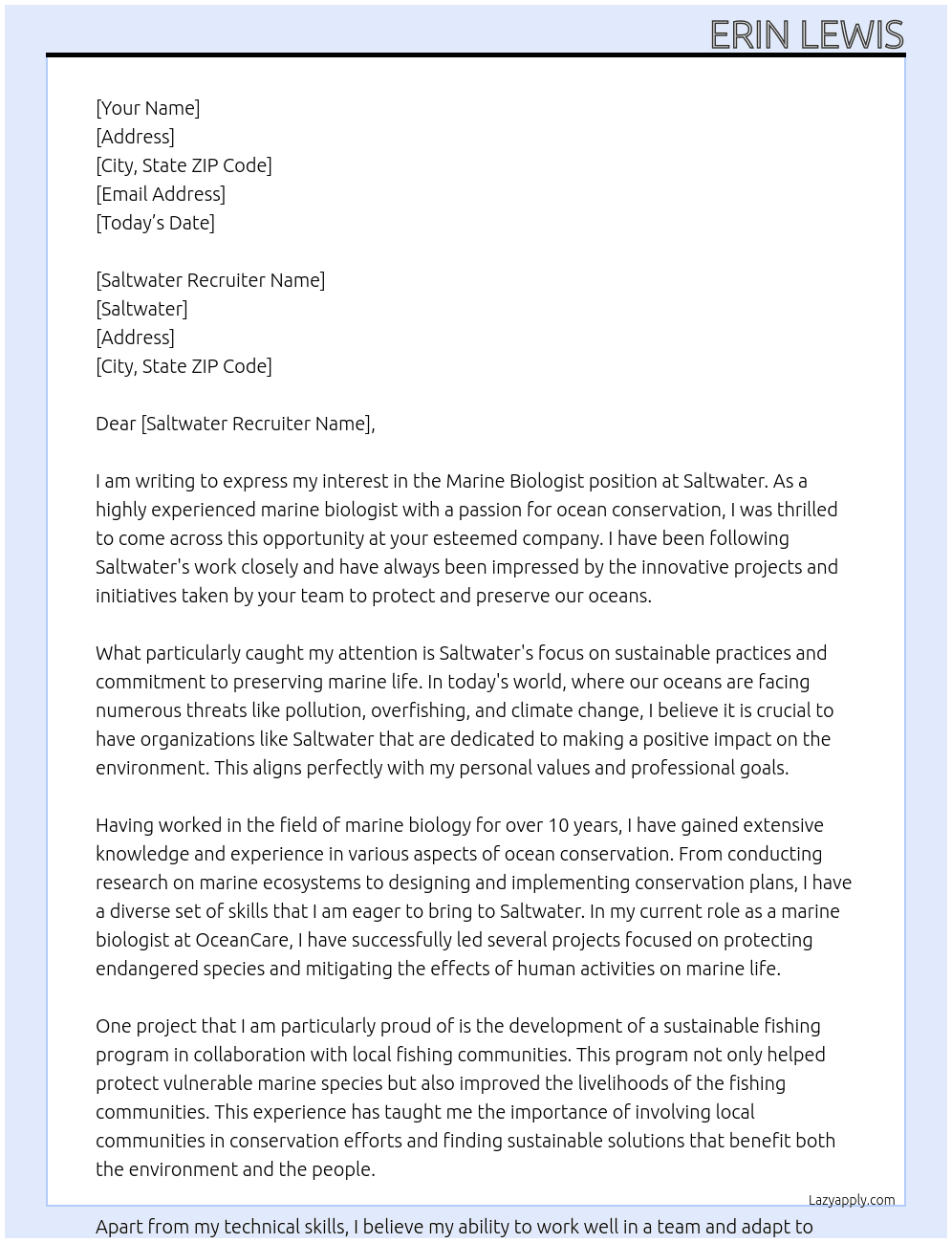 Marine Biologist At Saltwater Cover Letter