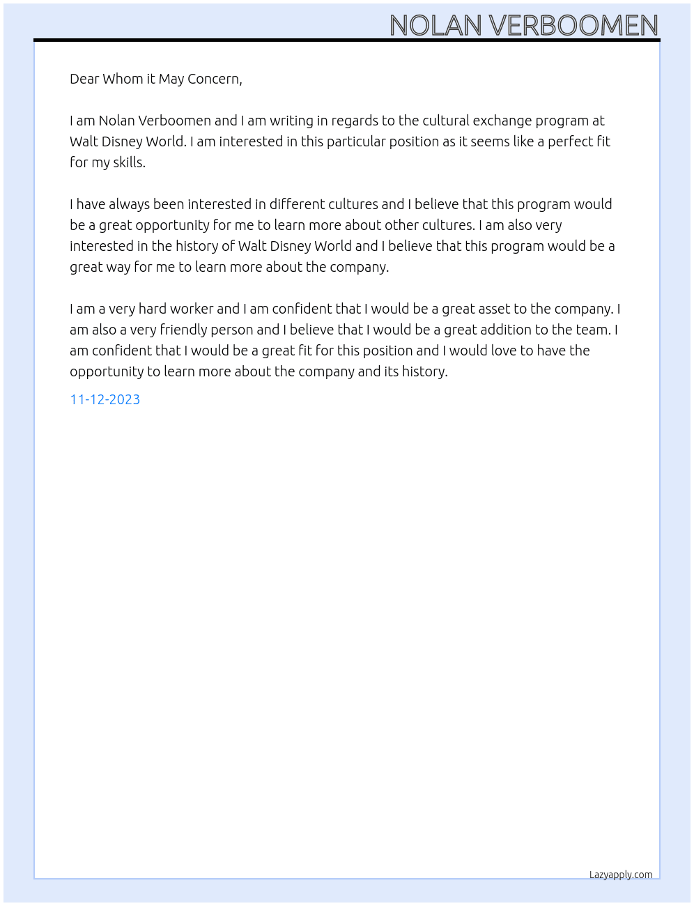 Cultural Exchange Program At Walt Disney World Cover Letter