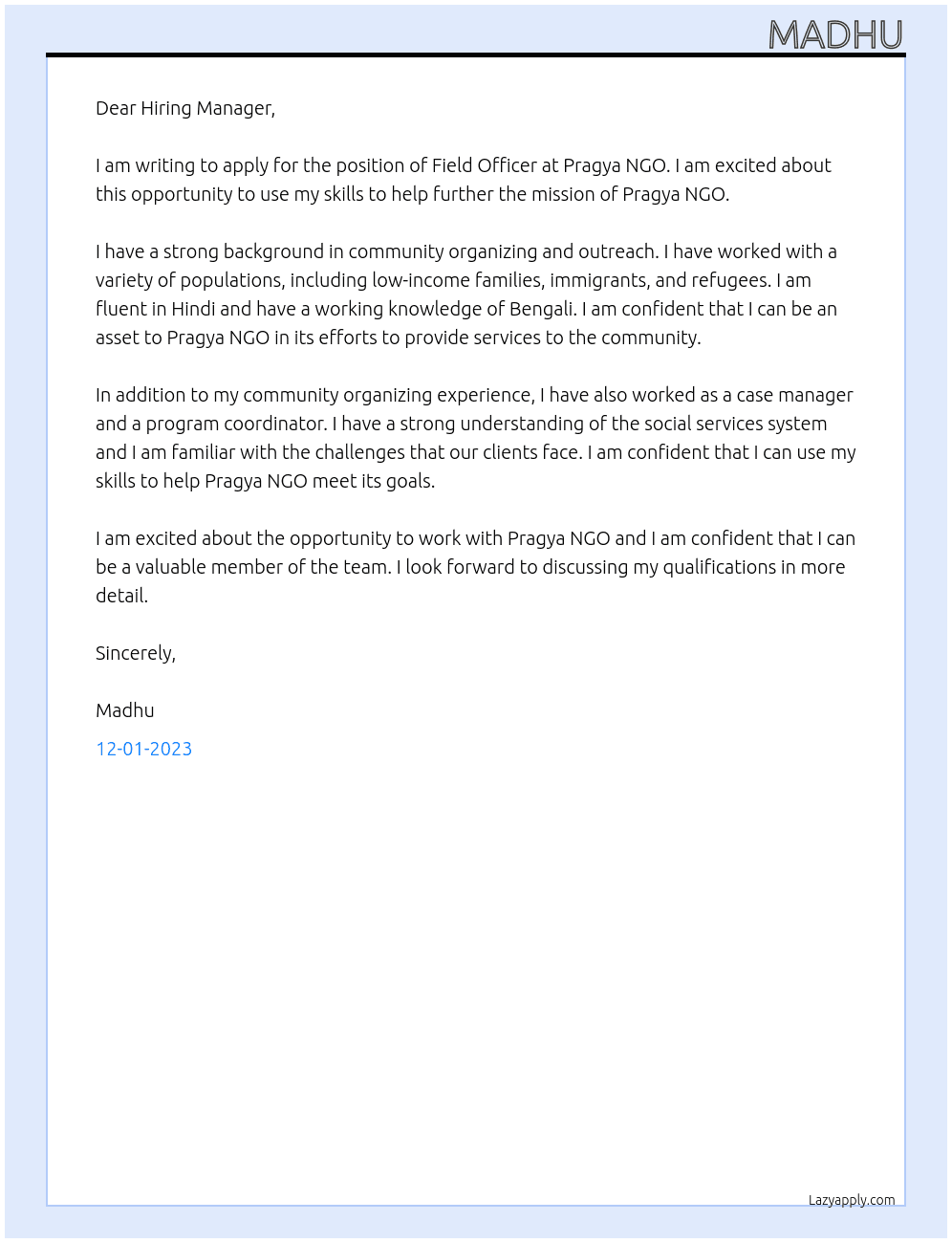 Field Officer in an NGO At Pragya NGO Cover Letter