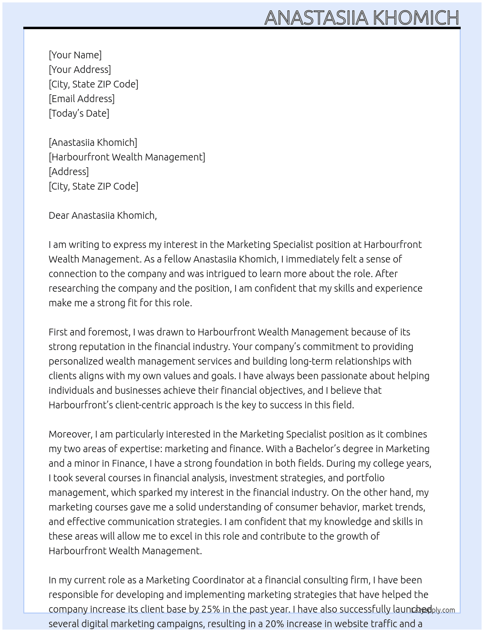 Marketing Specialist At Harbourfront Wealth Management  Cover Letter