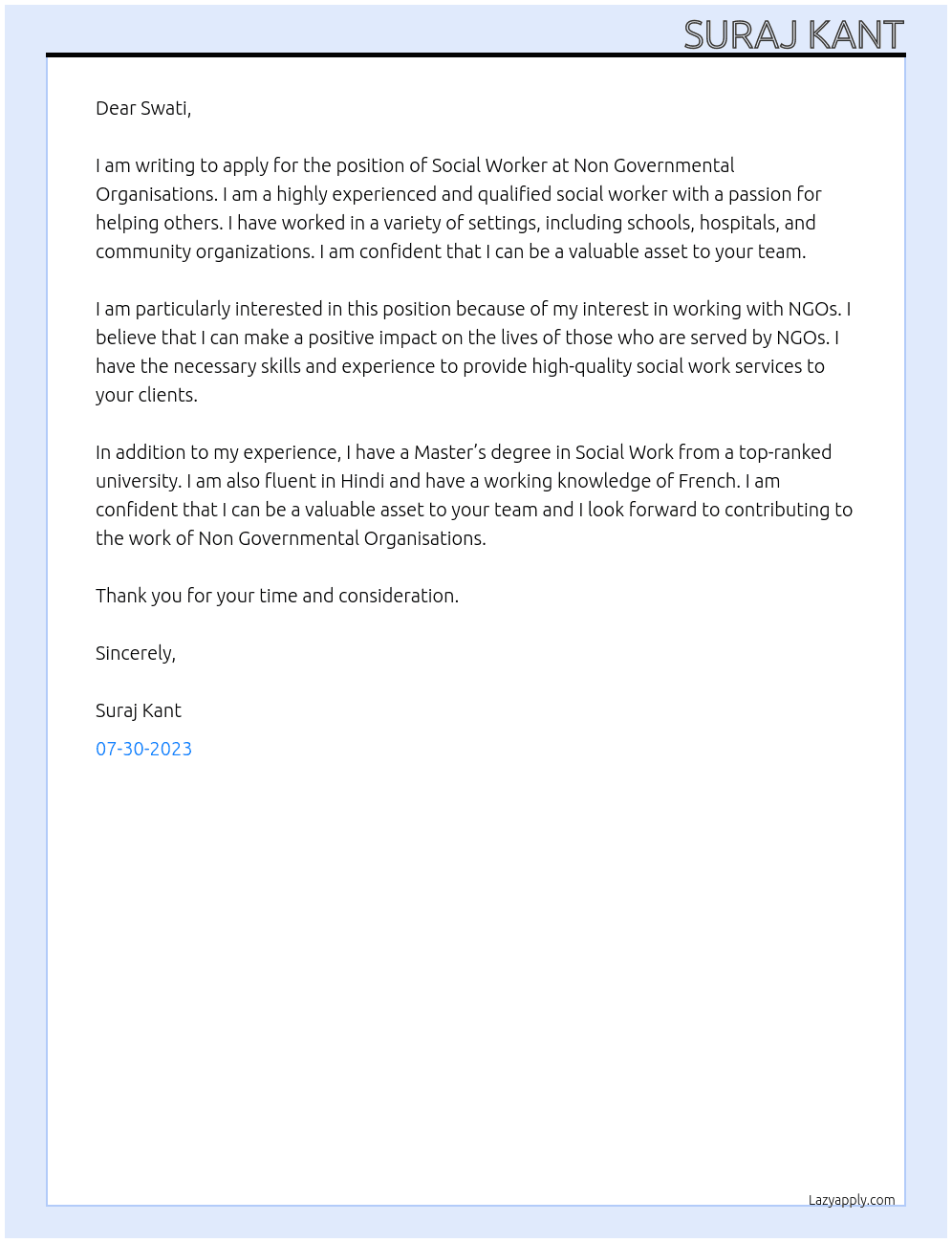 Social Worker  At Non Governmental Organisations  Cover Letter