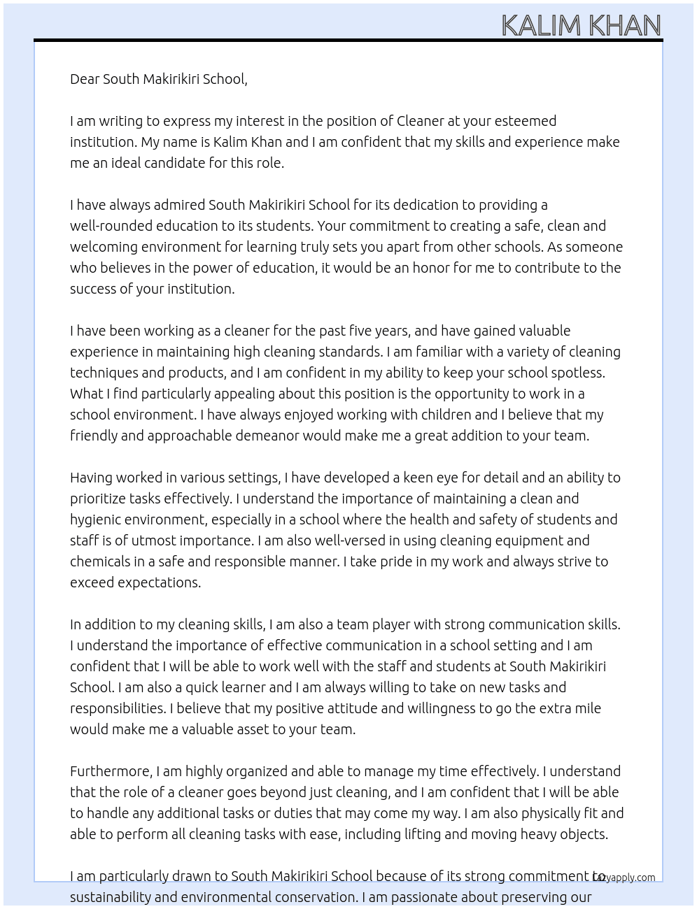 Cleaner At South Makirikiri School Cover Letter