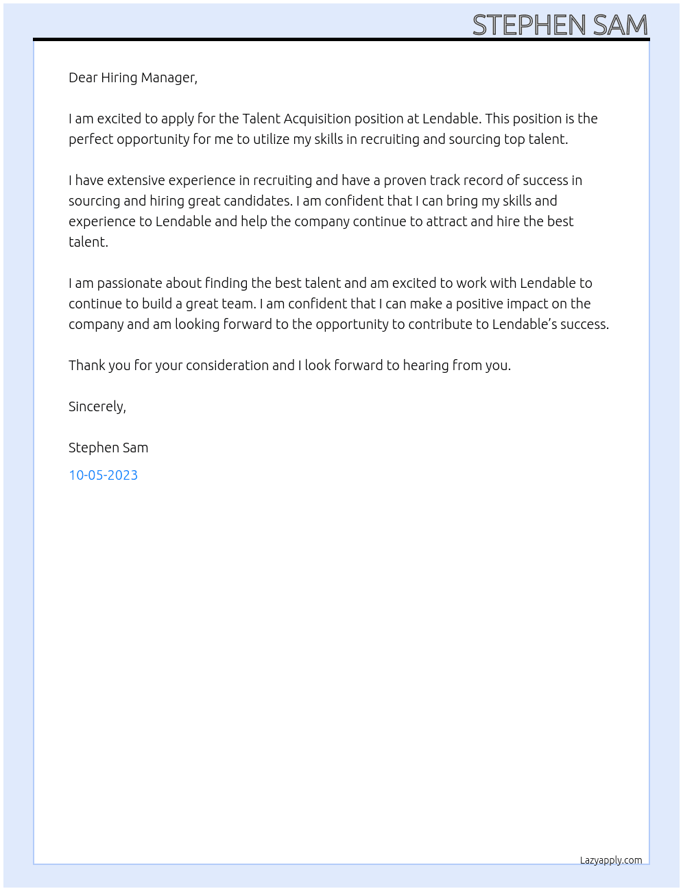 Talent Acquisition  At Lendable Cover Letter