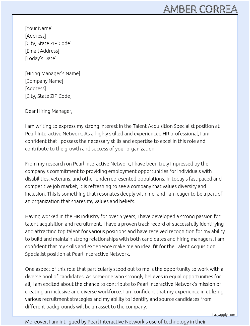 Talent Acquisition Specialist At Pearl Interactive Network Cover Letter