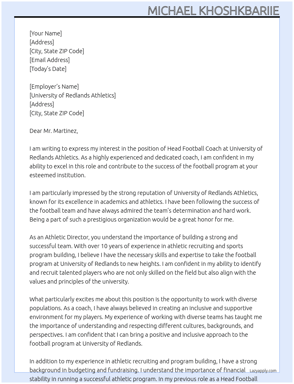 Head football coach At University of Redlands Athletics Cover Letter