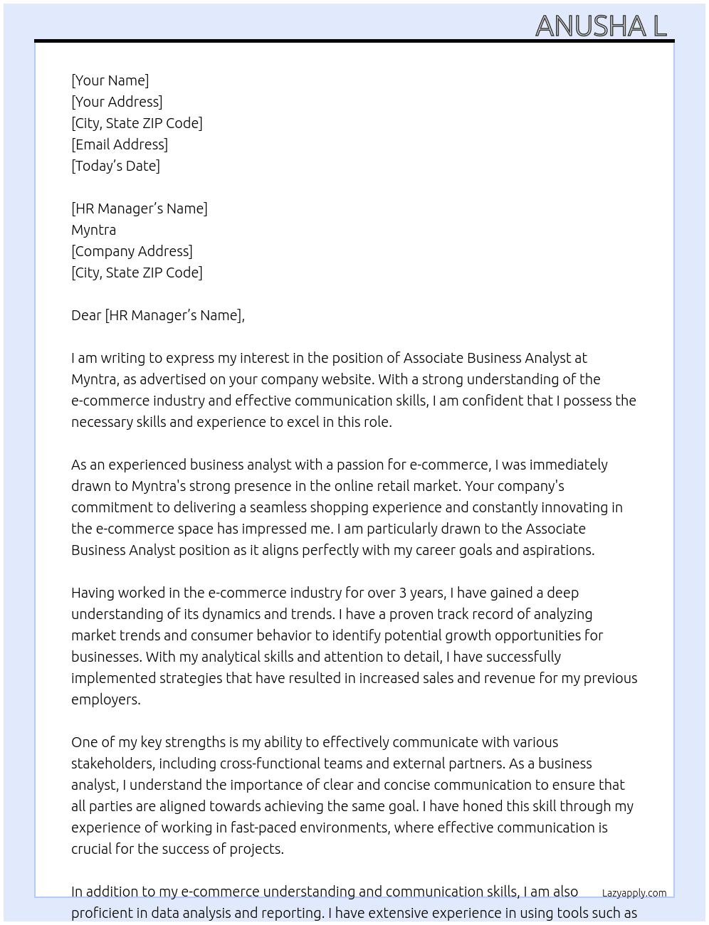 Associate business analyst At Myntra  Cover Letter