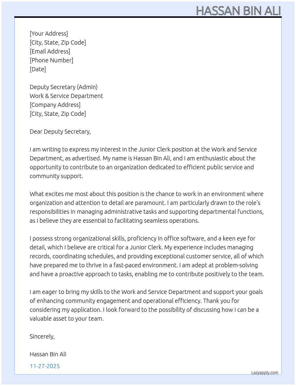 Junior Clerk At Work and Service Department Cover Letter