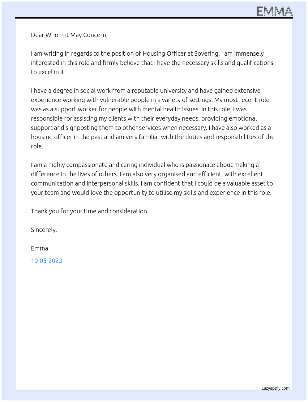 Housing officer At Sovering Cover Letter