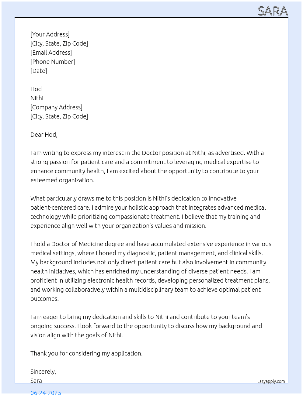 doctor At nithi Cover Letter