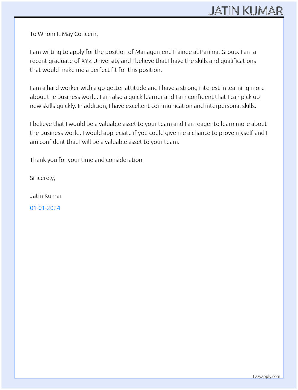 Management Trainee At Parimal Group Cover Letter