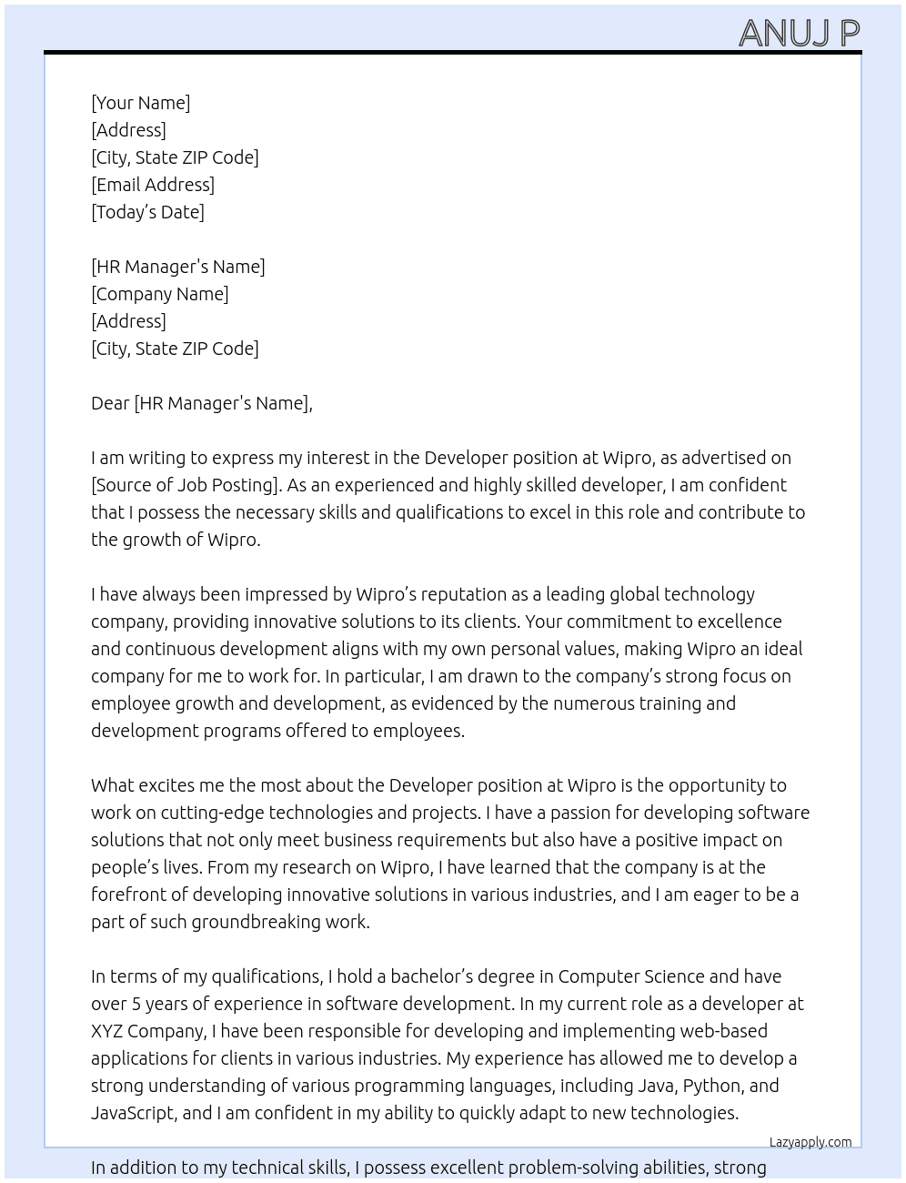 Developer At wipro Cover Letter