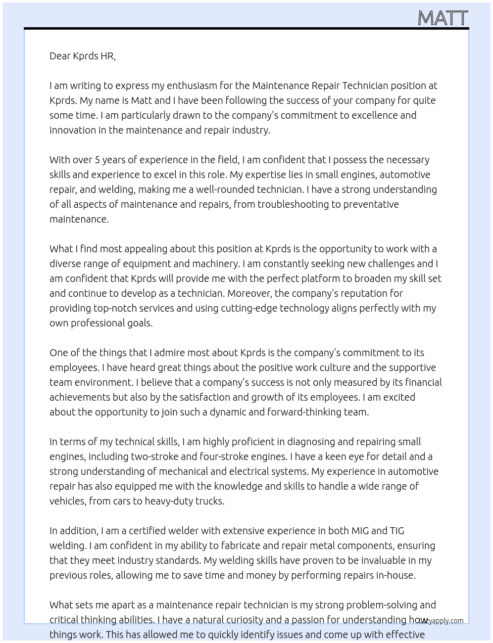 Maintenance repair technician  At Kprds Cover Letter