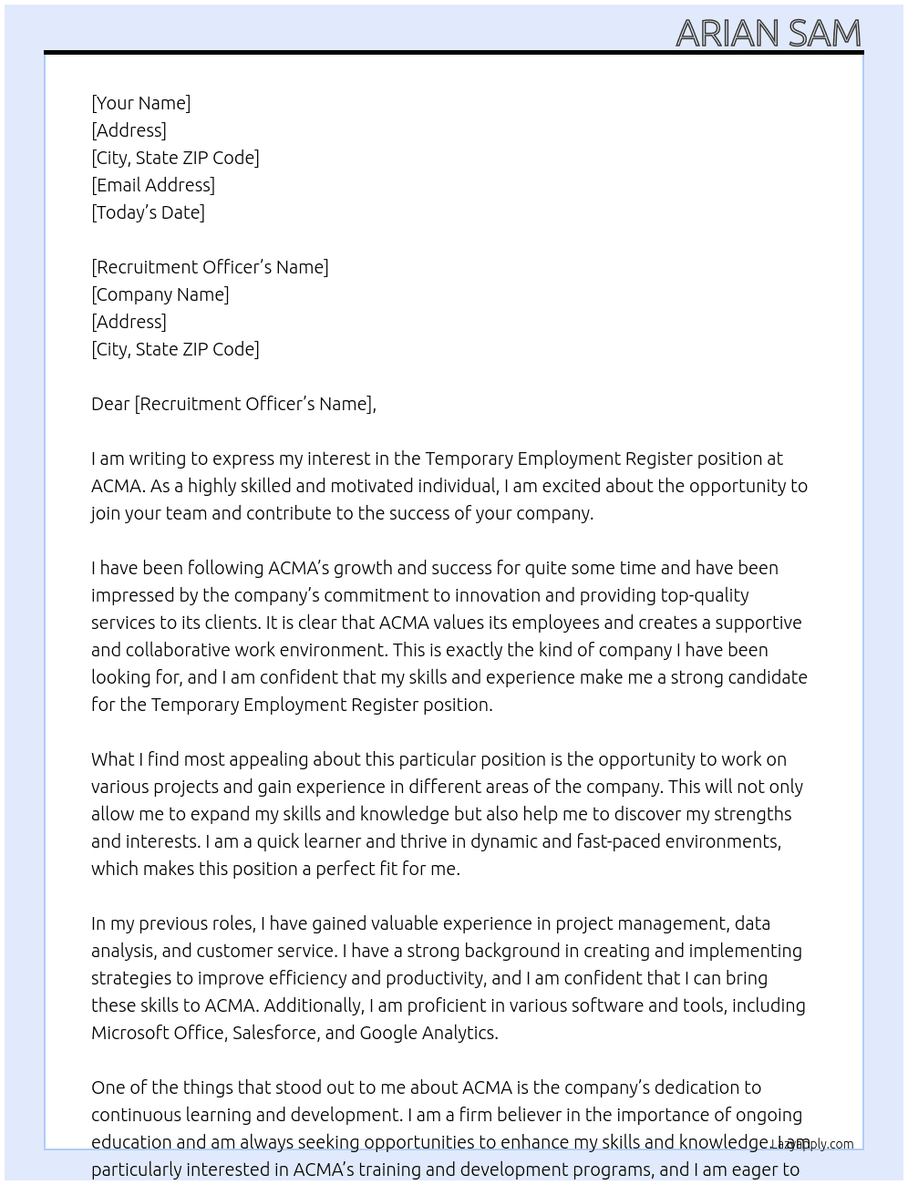 Temporary Employment Register At ACMA Cover Letter