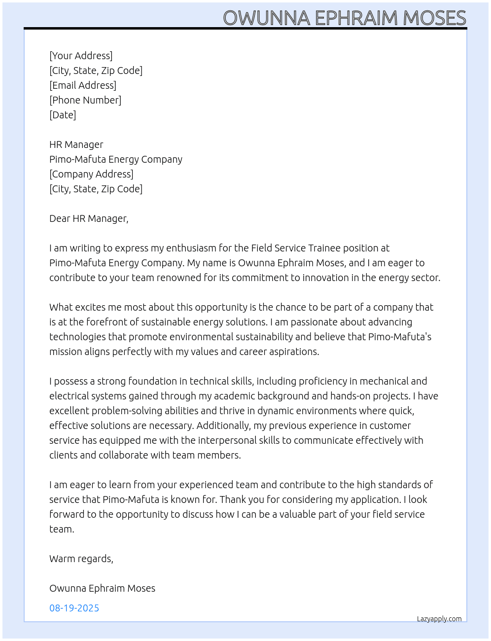 Cover letter for field service trainee - LazyApply