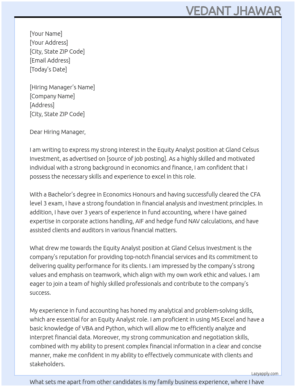 Equity Analyst  At Gland Celsus Investment Cover Letter
