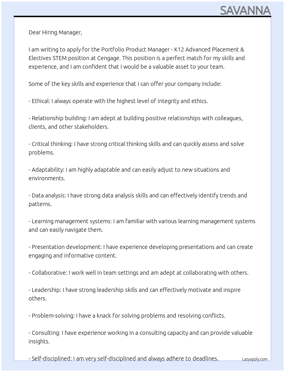Portfolio Product Manager - K12 Advanced Placement & Electives STEM At Cengage Cover Letter