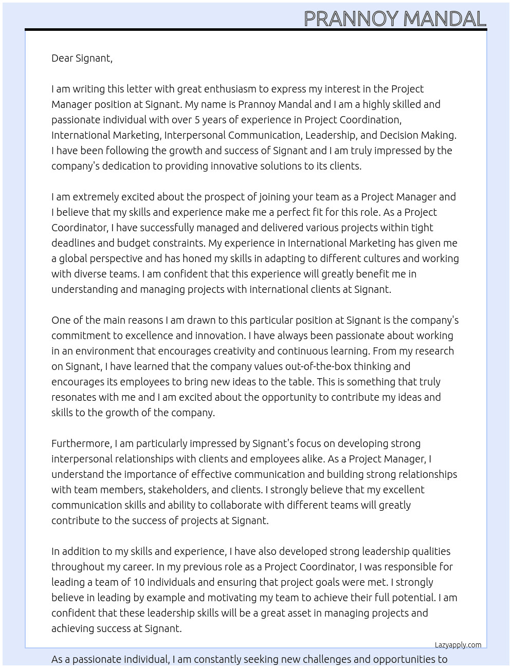 Project Manager At Signant Cover Letter