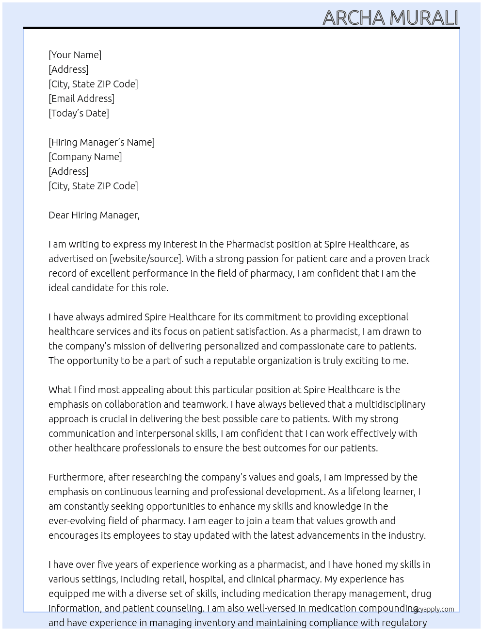 Pharmacist At Spire Healthcare Cover Letter