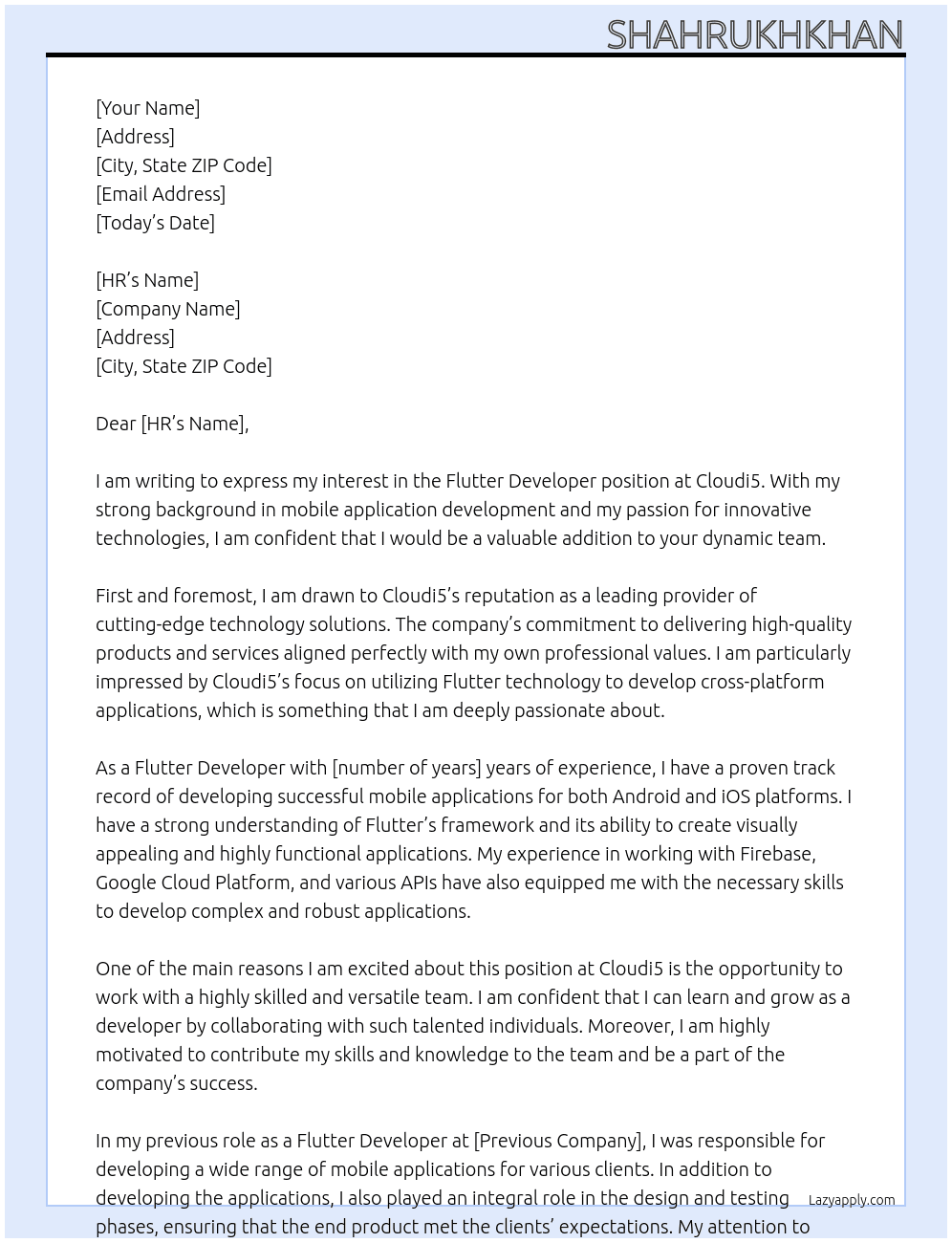 flutter developer At cloudi5 Cover Letter