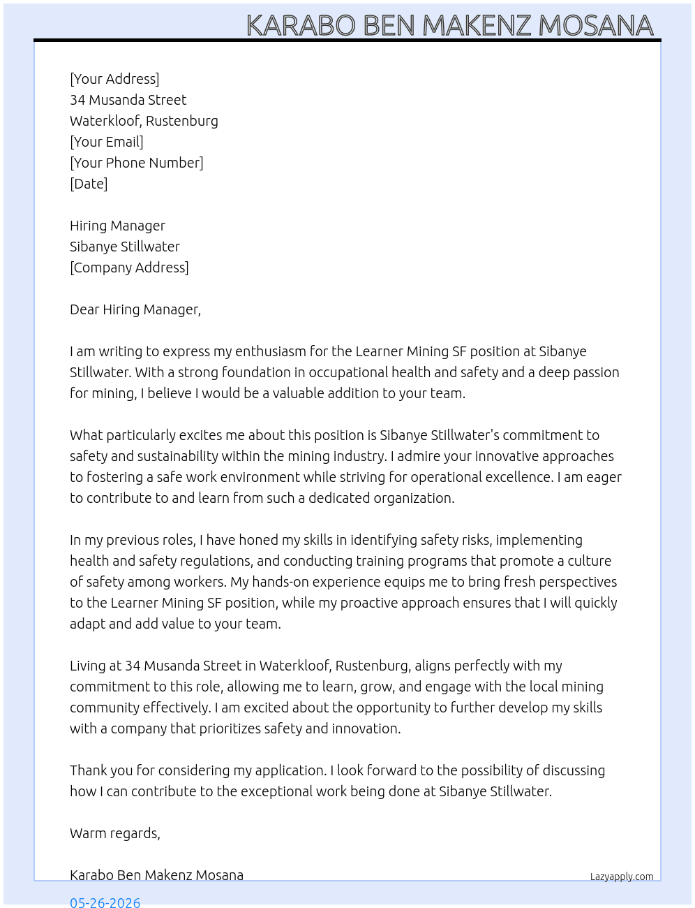 Cover letter for learner mining sf - LazyApply