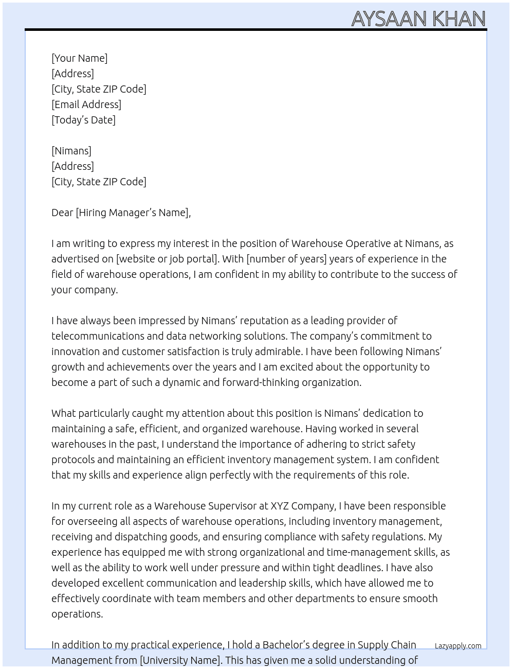 warehouse operative At nimans Cover Letter
