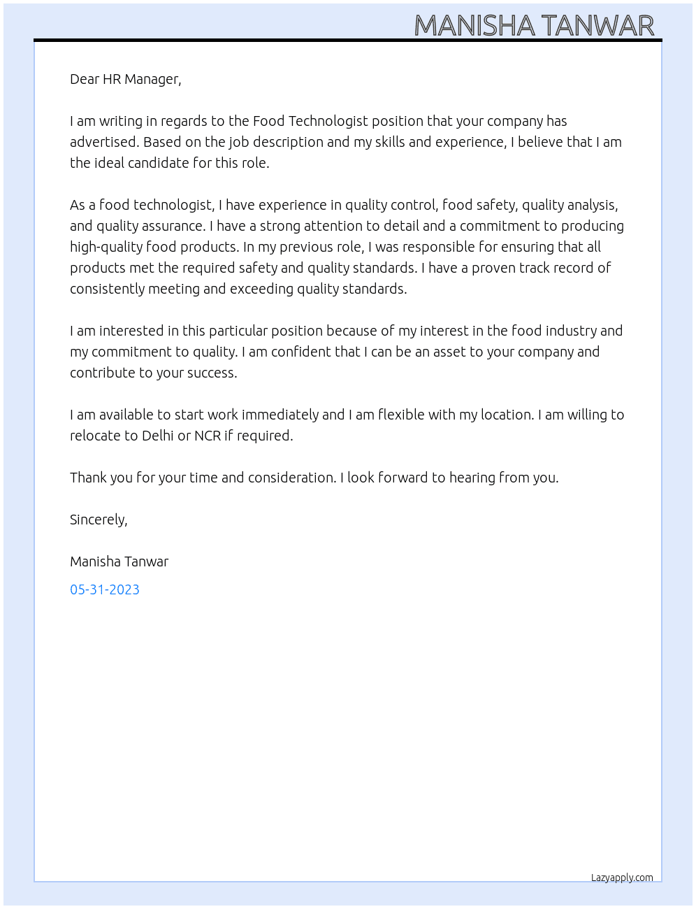 Food Technologist  At Quality council of India, Cargill, Adobe, IFF Cover Letter